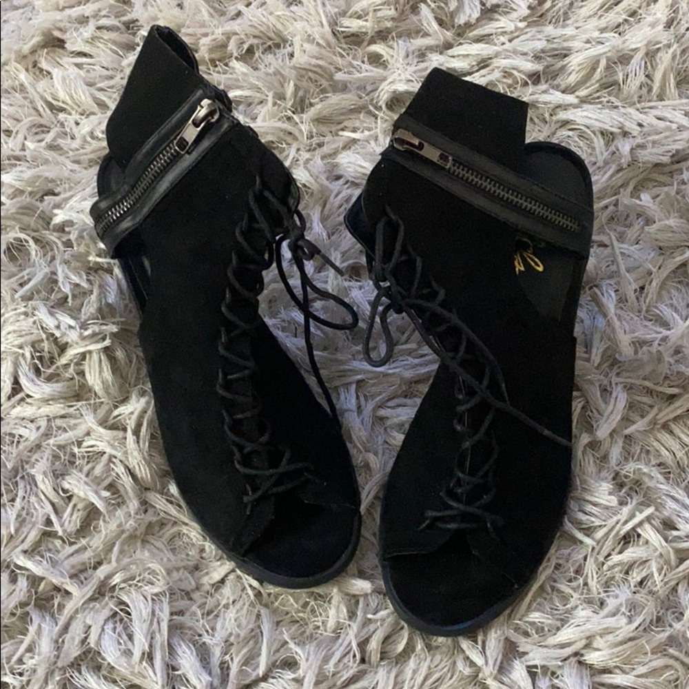 Suede like booty open toe shoes.